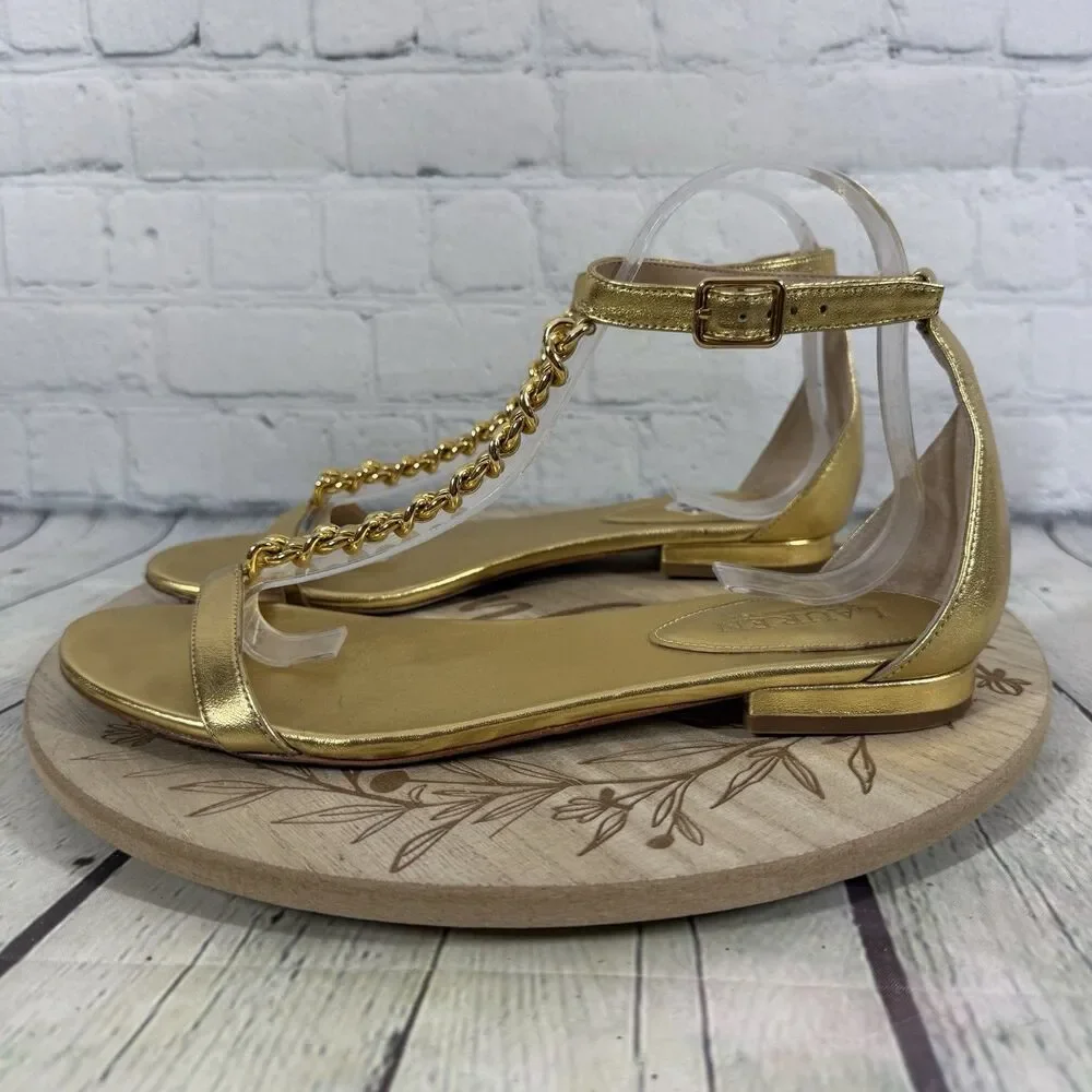 Lauren Ralph Lauren Sandals Womens 9.5 Gold Chain Preppy Dress Party Shoes